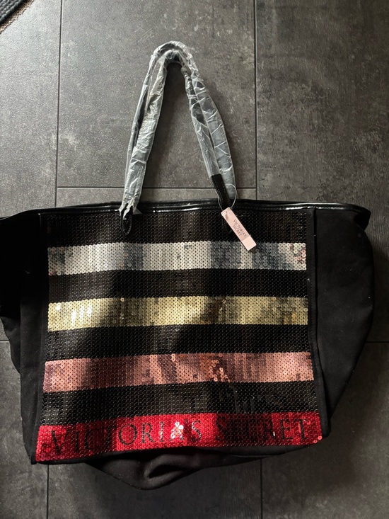 Victoria's Secret Handbags - Victoria's Secret Black Tote with Multicolor Sequin Stripes
